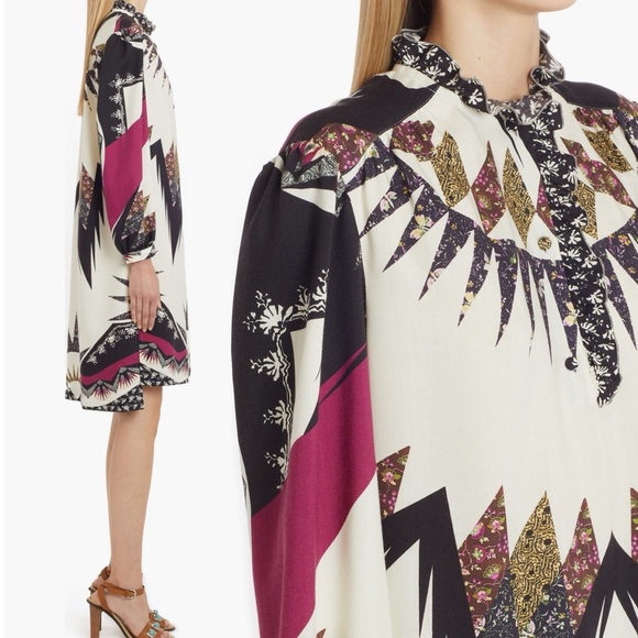 ETRO Gimmie Patchwork Boho Long Sleeve Wool & Silk Shift High-Low Mini Dress NEW - Picture 4 of 15